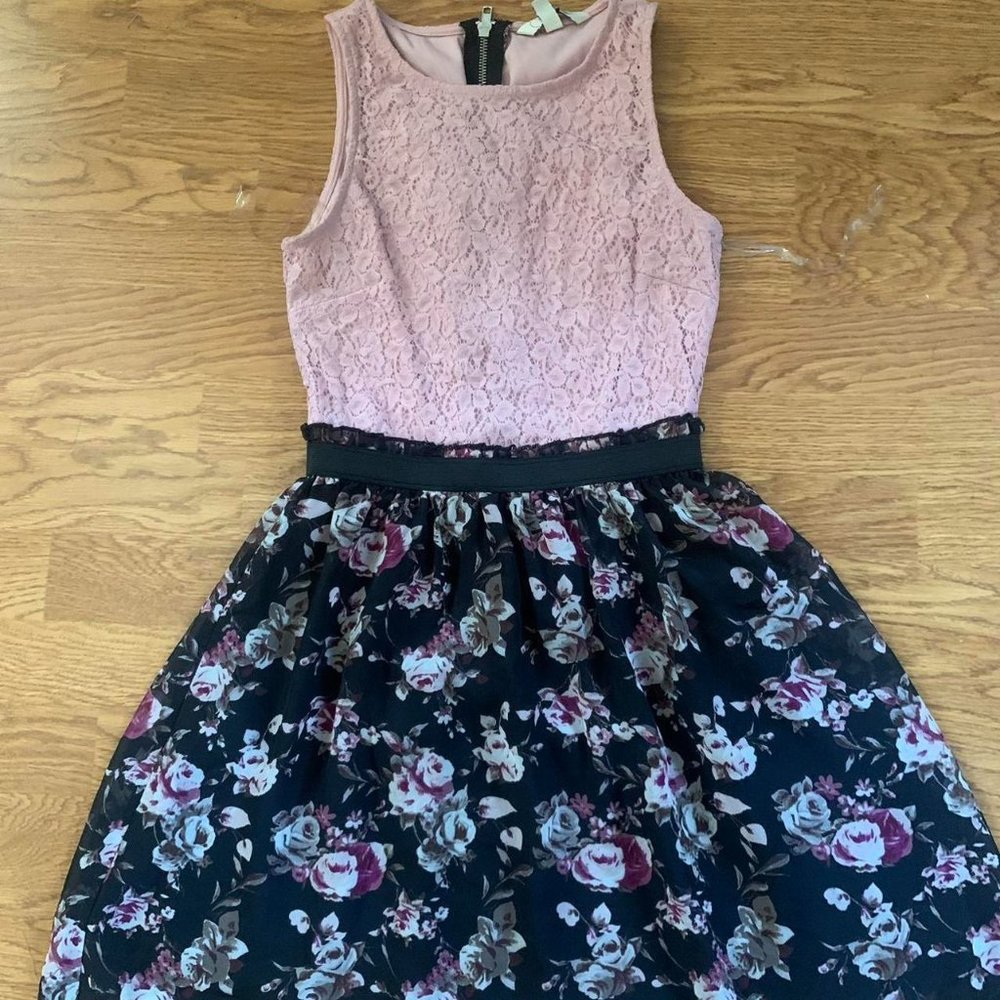 Pink dress with flower print skirt